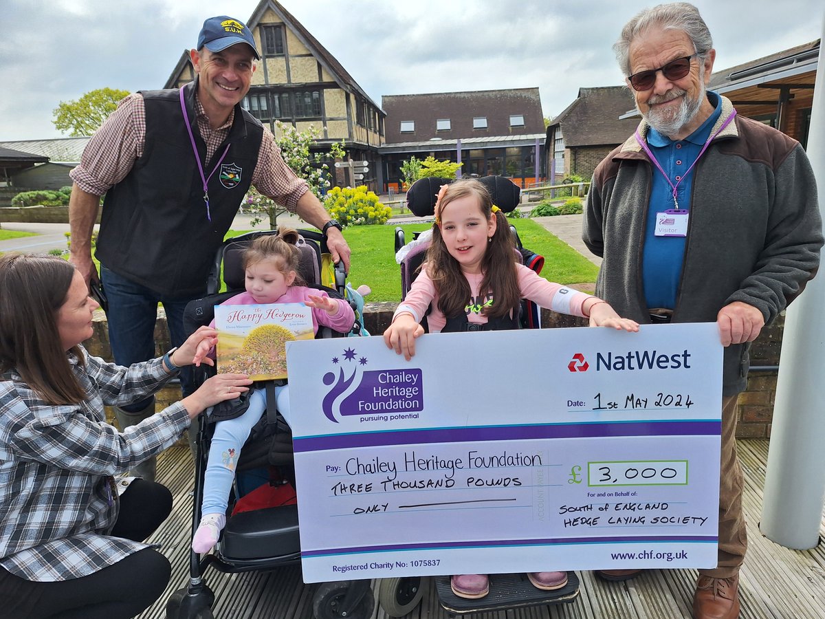 A huge thank you to the South of England Hedge Laying Society for raising £3,000 at a recent hedge laying event and raffle The society have been supporting Chailey Heritage since 2015 and over the years have raised over £12,200 - Thank you 💜 #CHF #hedgelayers #thankyou