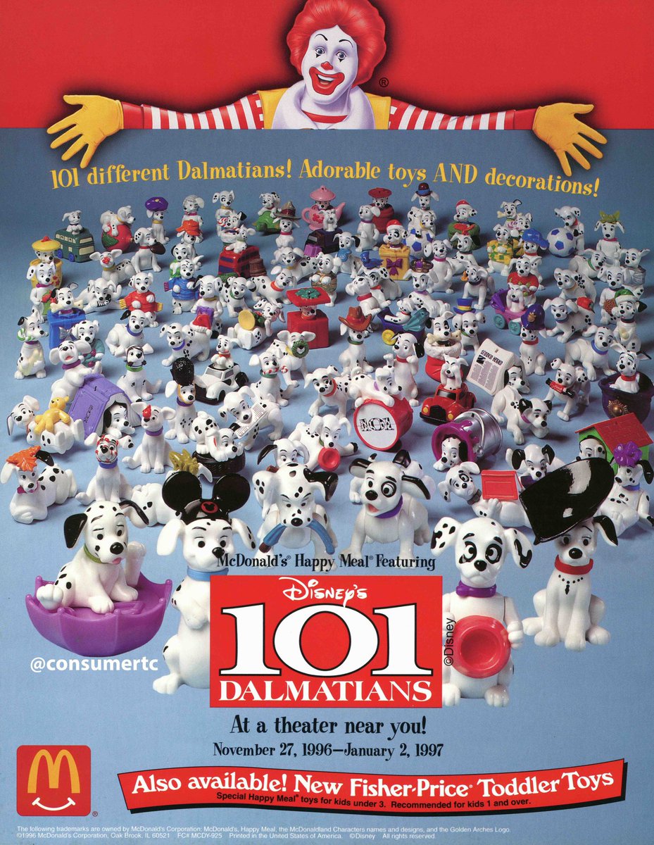 ใครทันบ้าง? Happy Meal ของแม็คคอล 101 ดัลเมเชี่ยนที่ออกมาเมื่อปี 1996

ตอนนั้นอลังการมาก ออกของเล่นมา 101 ชิ้นตามจำนวนหมา เวอร์ไปสุด — วัยเด็กเราดีมากนะของเล่นดิสนีย์เยอะมาก