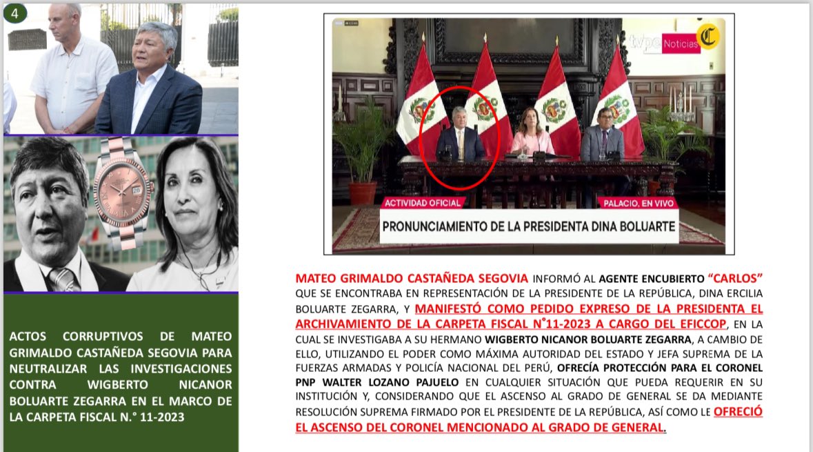 #ValkiriaJericó el abogado Mateo Castañeda es sindicado de ofrecerle a un agente encubierto del EFICCOP el beneficio de ascenso a general de un coronel del equipo por orden directa de la presidenta Boluarte a cambio de ayuda para que la fiscal Marita Barreto no continuara con la