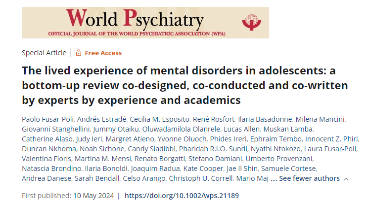 In World Psychiatry (@WPA_Psychiatry), lead by Paolo Fusar-Poli @EPIC_IoPPN Lived experience of #mental disorders in #adolescents onlinelibrary.wiley.com/doi/10.1002/wp…