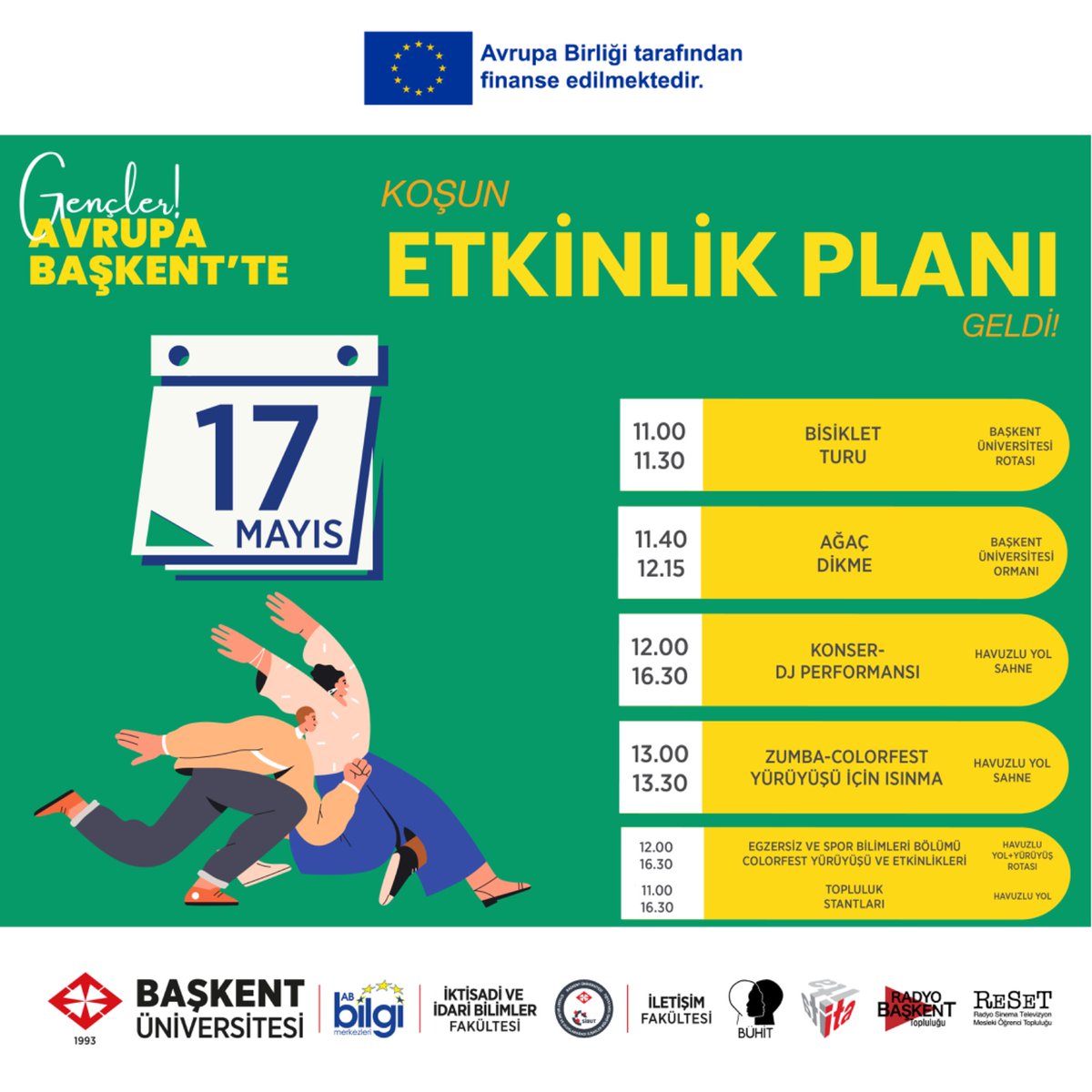 📅 Avrupa Birliği Türkiye Delegasyonu ile Başkent Üniversitesi'nin ortaklığında '9 Mayıs Avrupa Günü' çerçevesinde 15-16-17 Mayıs tarihleri arasında gerçekleştirilecek etkinliklerimizin planı takvime kavuştu! Tüm öğrencilerimizin katılımını bekliyoruz. 😊