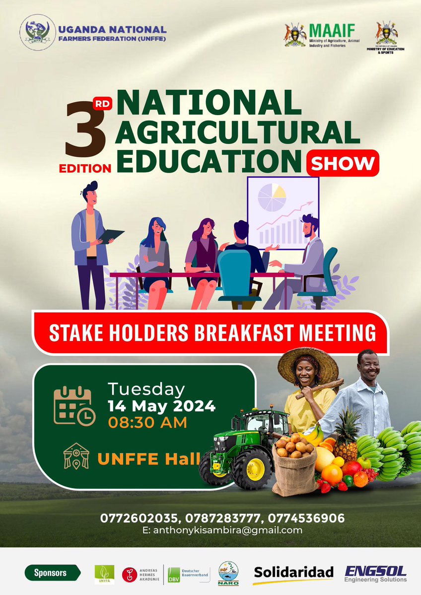 As we prepare from the 3rd Agricultural Education show in Jinja, all stakeholders are invited for a meeting slated for 14th May 2024. More details on the poster.

#AgricEducShow24