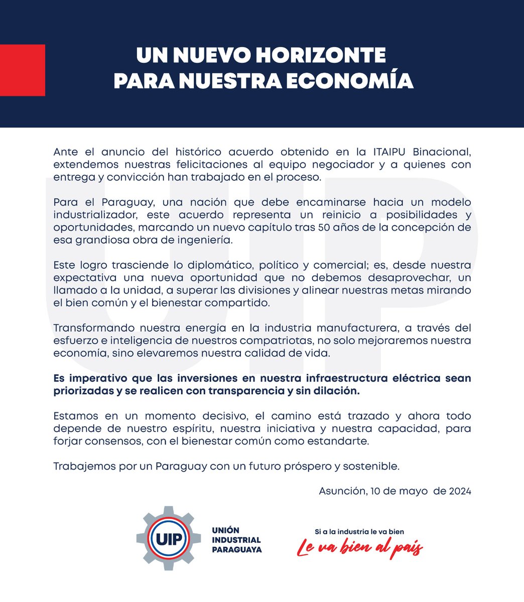 UIP_py's tweet photo. #PronunciamientoInstitucional

🇵🇾 UN NUEVO HORIZONTE PARA NUESTRA ECONOMÍA

#UIP #PARAGUAY #ITAIPÚ https://t.co/lPvJPFqxfW