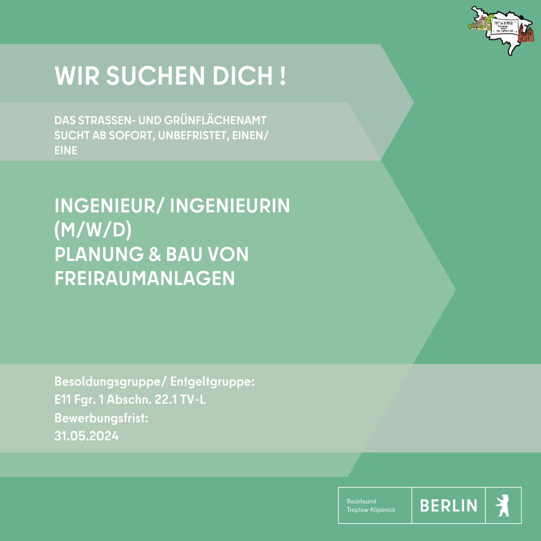 Das Straßen- und Grünflächenamt sucht ab sofort, unbefristet, einen/ eine Ingenieur/ Ingenieurin (m/w/d) Planung & Bau von Freiraumanlagen zur Stelle 👉 sohub.io/399z Weitere Stellenangebote ➡️ karriereportal-stellen.berlin.de