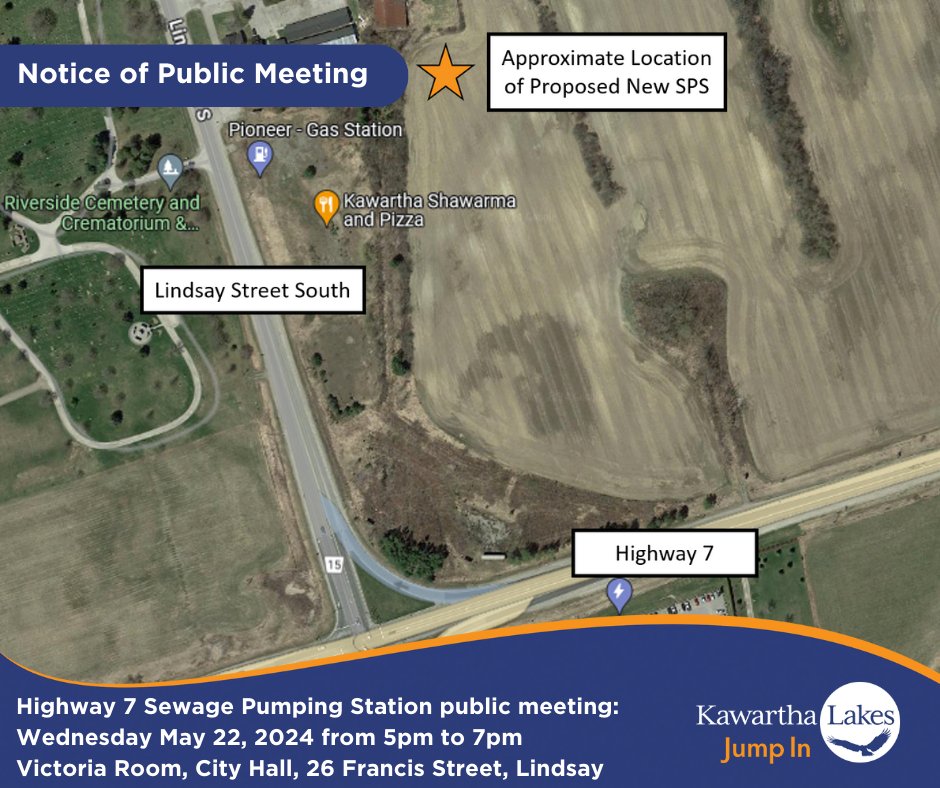 Join us on May 22 at City Hall from 5pm to 7pm to discuss the proposed new Sewage Pumping Station located off of Highway 7 in Lindsay. Staff and the project consultant will be on hand to receive your feedback and to answer any questions you have. Details: kawarthalakes.me/4dBip00