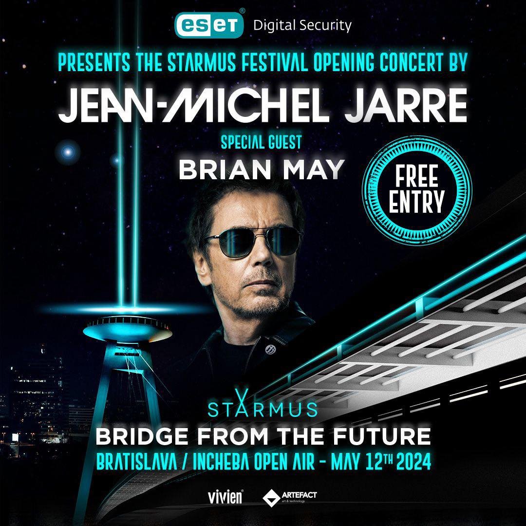 Starmus VII, Bridge from the Future Concert

Opening Concert by @JeanMichelJarre + special guest @QueenWillRock guitarist Sir @DrBrianMay!
Livestream on May 12th at 9pm CEST/7pm GMT/12noon PT/3pm ET/May 13th at 4am JST/5am AEST youtu.be/GzjG95rB96Q
