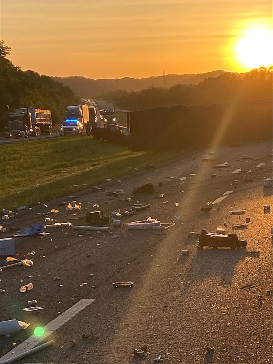 I-40 E, near the Davidson-Cheatham County line, is closed due to an overturned semi hauling flour. This resulted from a collision with a pickup truck. The driver of the pickup fled on foot &amp; is being sought. The semi driver was extricated with non life threatening injuries.