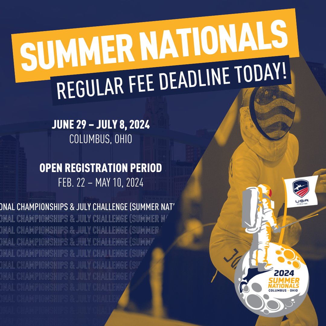 THIS IS IT! It's the final day to register for Summer Nationals at regular fees. 🚀 usafencing.org/summernational…