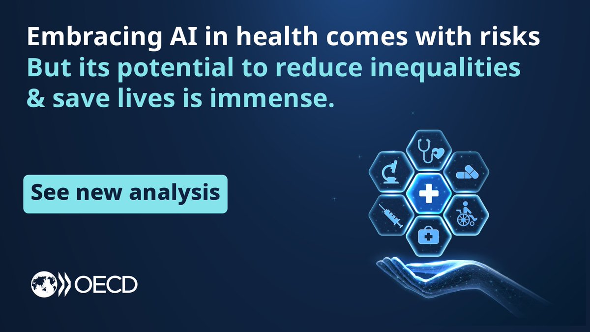 Embracing #AI in health comes with risks such as: - Bias - Privacy - Accountability But its potential to reduce inequalities & save lives is immense. Balancing risks & benefits is key for responsible AI adoption. 🤖⚕️ 🔗 brnw.ch/21wJEmf #OECDAI