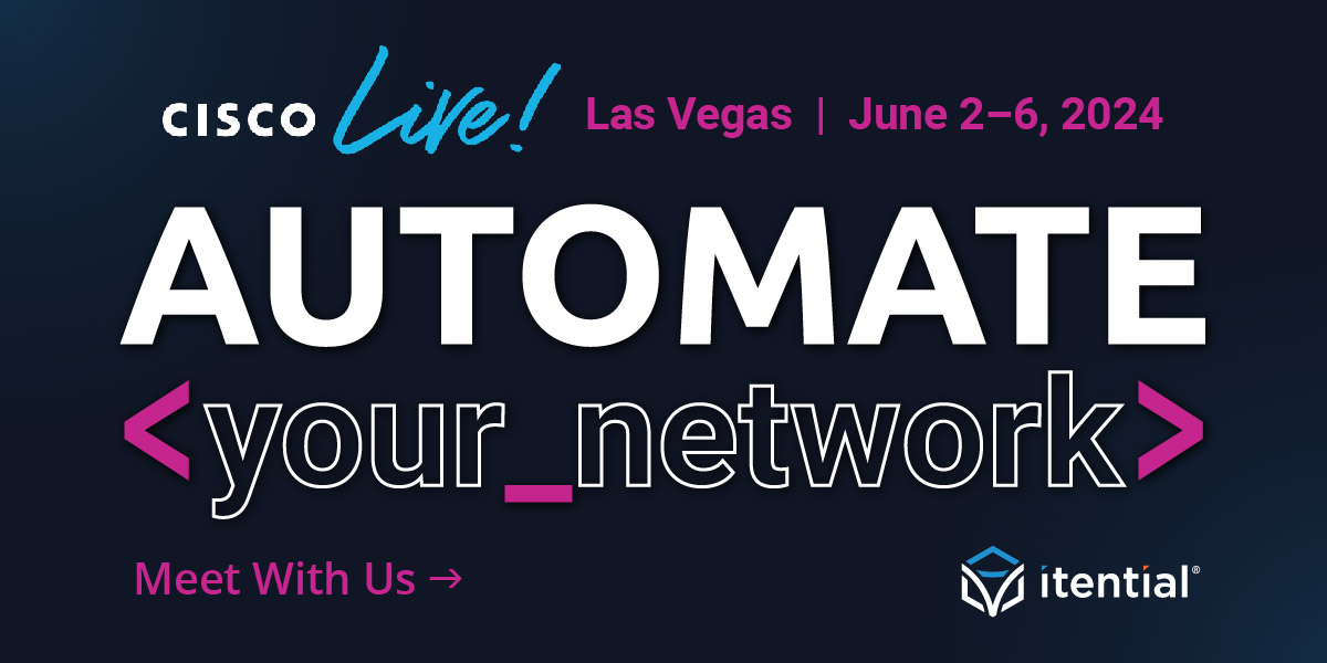 < 1 month left until #CiscoLive! Book time to meet with us at Booth 6043! Learn how Itential scales automation to enable multi-domain orchestration & self-service for even the most complex infrastructure environments. Learn more: bit.ly/43yHMKg