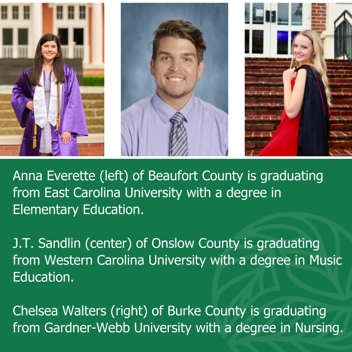 Excited to celebrate the achievements of our 168 Golden LEAF #Scholar graduates from N.C. colleges & universities! Discover how Anna Everette, JT Sandlin & Chelsea Walters are planning to make a difference in #rural communities post-graduation. #workforce goldenleaf.org/news/golden-le…