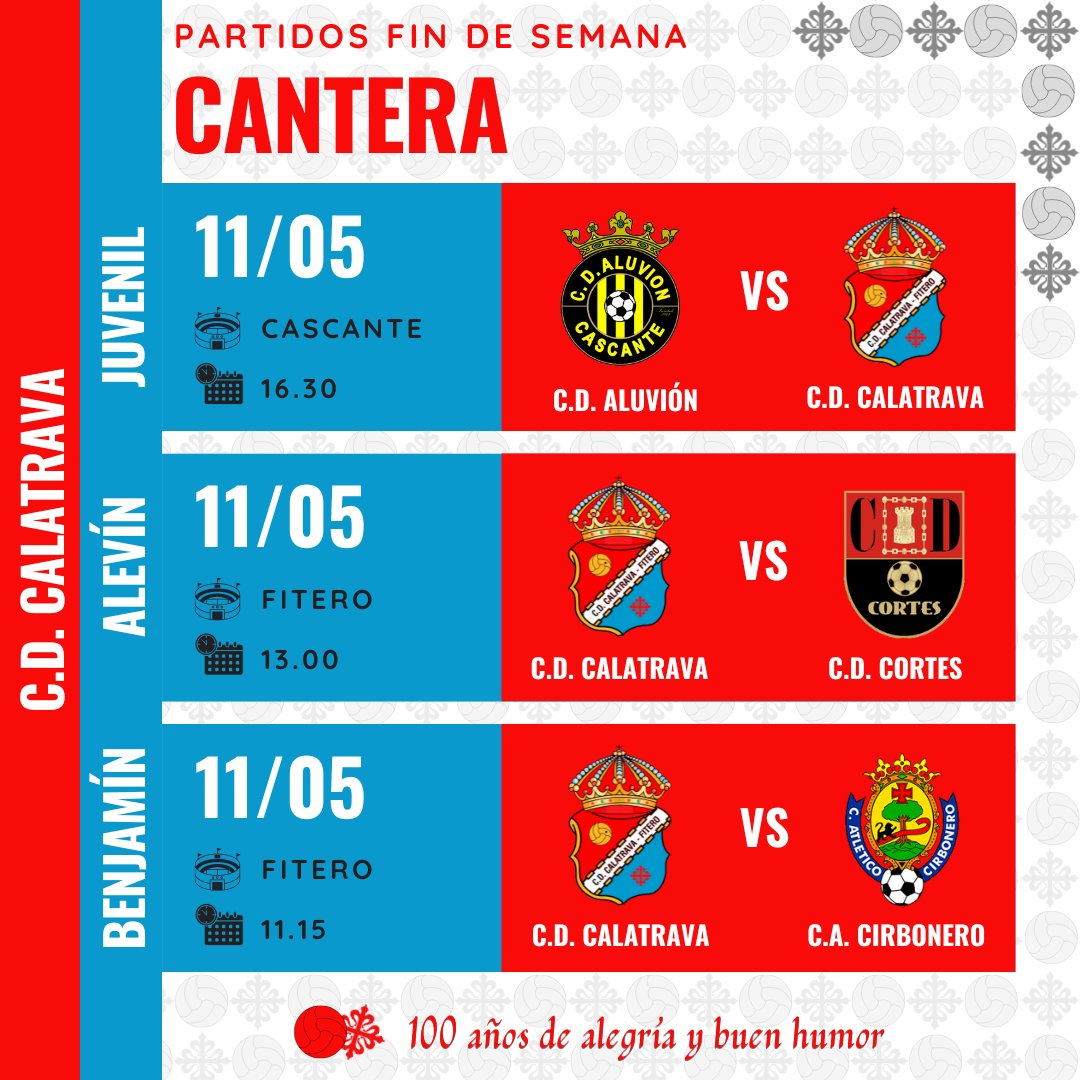 CANTERA | Estos son los partidos para nuestros equipos de cantera este fin de semana. Todos ellos jugarán el sábado. Alevín y benjamín se unirán al primer equipo y lo harán en Fitero.

El juvenil por su parte jugará en Cascante

#100añosdealegríaybuenhumor