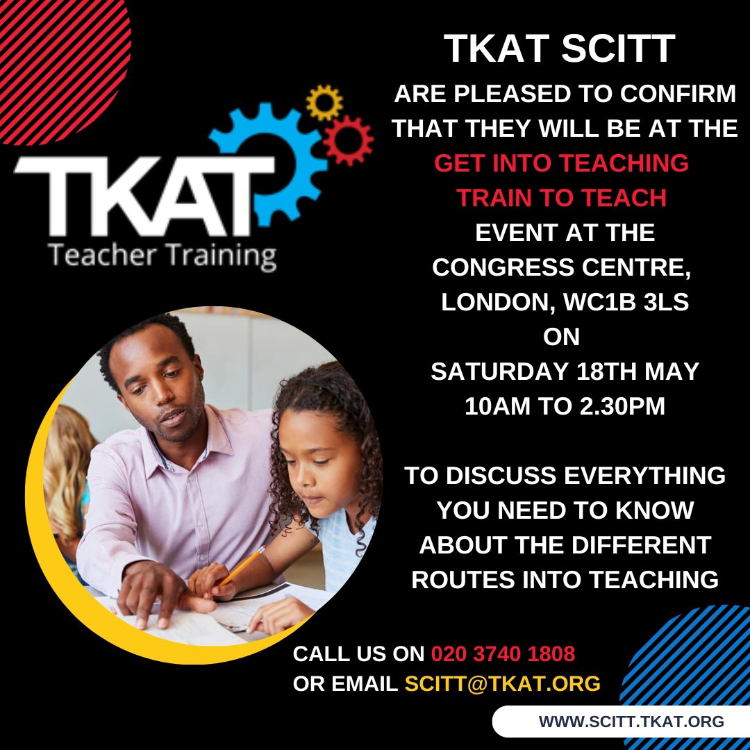 Come and see us at the @getintoteaching #traintoteach @CongressCentre in #London on Saturday 18th May between 10am and 2.30pm to discuss everything you need to know about the different #routes into #teaching @TKATAcademies with @TKATSCITT #ITT #teachertraining #oneTKATfamily
