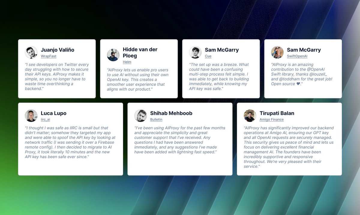 ai_picks's tweet image. 🤖 Don&apos;t risk your OpenAI key! Safeguard it in just 5 min with AIProxy. Fully managed proxy solution for peace of mind. Check it out at aitoppicks.com 🌟 #AI #proxy #AIProxy via @toddha