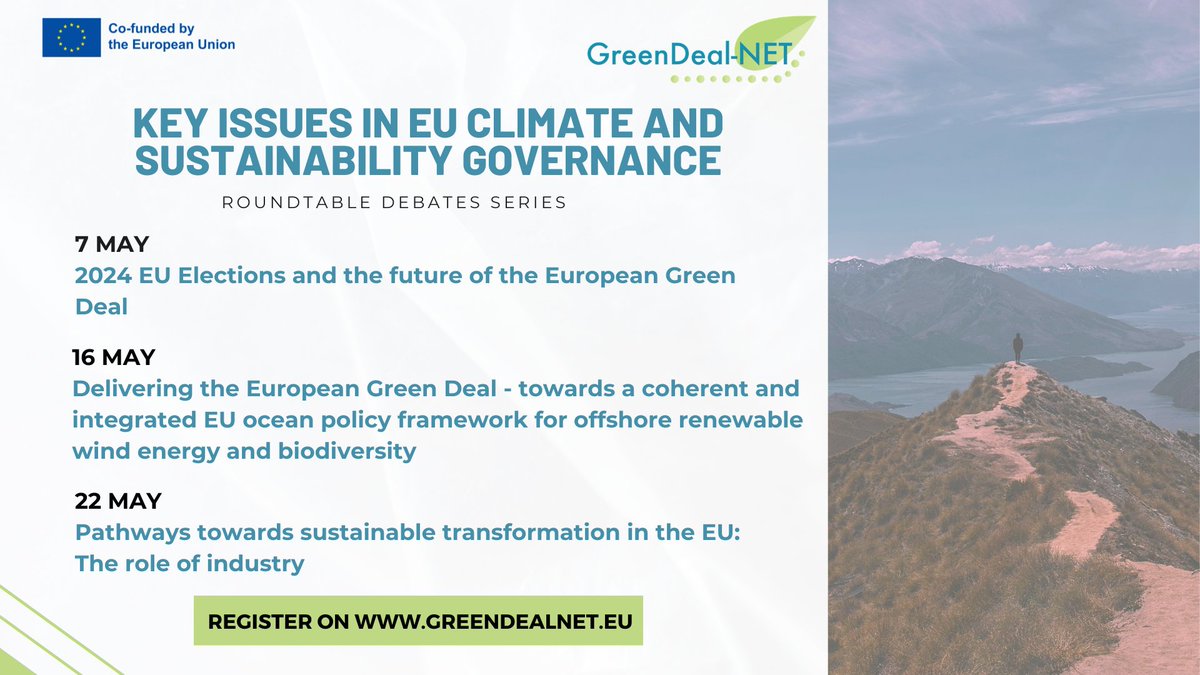 🪴Join our 'Key Issues in EU Climate and Sustainability Governance' roundtable series, where experts such as policymakers, researchers, and industry leaders discuss the critical aspects of the European Green Deal. Catch up on past sessions & register 👇 greendealnet.eu/Roundtable-Ser…