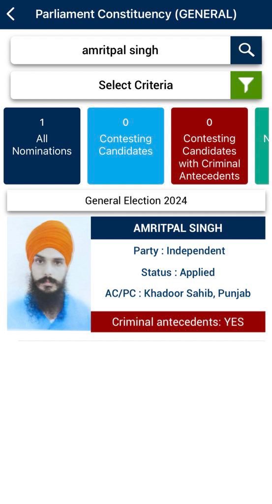 Jailed Khalistani separatist Amritpal Singh files nomination as an independent candidate from Khadoor Sahib, Punjab. Election Commission website is now showing details of his candidature. Amritpal Singh is currently lodged in Dibrugarh jail in Assam.