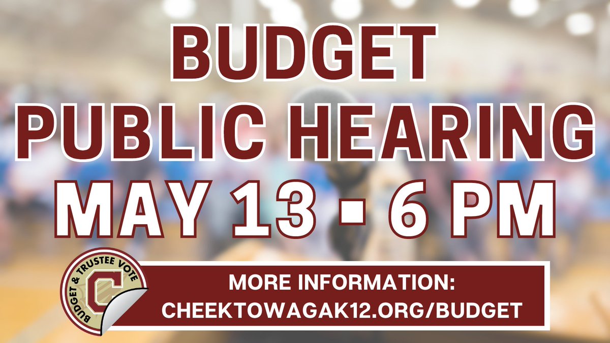 The Cheektowaga Central School District budget hearing and regular board meeting will take place on Monday, May 13, 2024 at 6:00 p.m. in the Board Room.