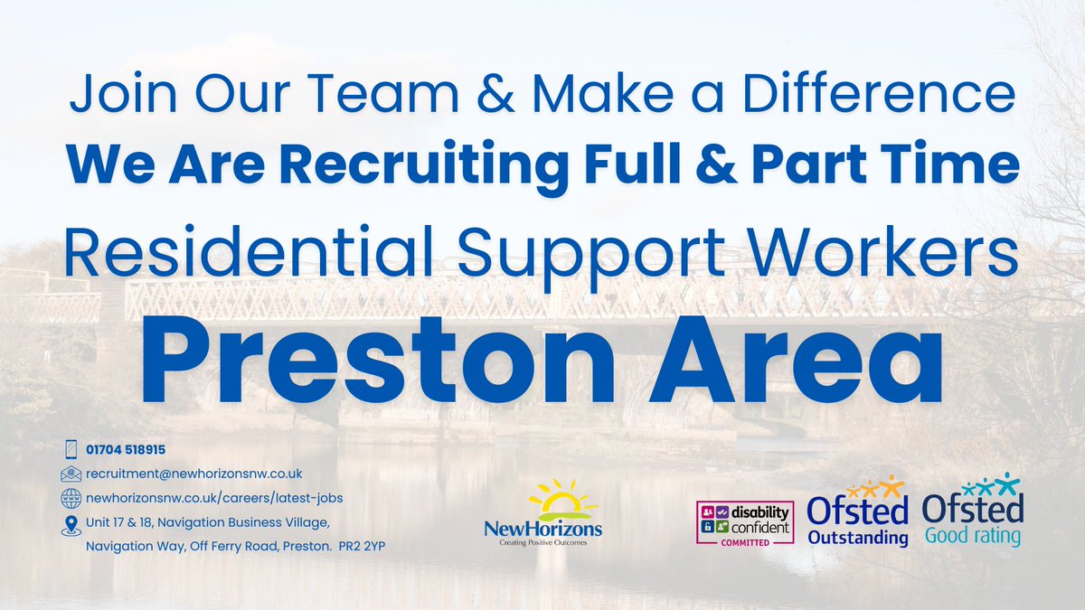 📣 #Preston Area Jobs ❗ Residential Support Workers Required - Children's Care ✨

Your journey to a fulfilling #career starts here > newhorizonsnw.co.uk/careers/latest…

Complete our online form & we’ll call you back.

Alternatively:

📱 01704 518915

#PrestonJobs #LancashireJobs