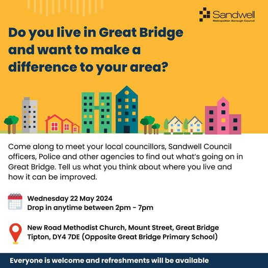 💭 Do you live in Great Bridge? Come and have your say about the local area at this community engagement drop in. 🗓️ Wednesday 22 May, 2pm-7pm. New Road Methodist Church, Mount Street, Tipton, DY4 7DE. Refreshments will be available, see you there.