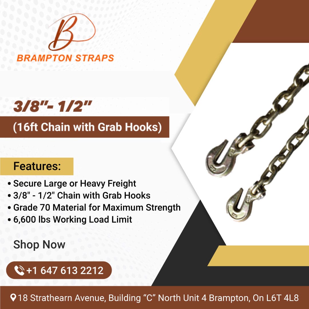 Secure your large or heavy freight with ease using our heavy-duty 16ft chain with grab hooks. Shop now for peace of mind in your hauling endeavors!

☎️+16476132212

#SecureFreight #HeavyDutyChain #Grade70Material #ShopNow #BramptonStraps #CargoGuardians