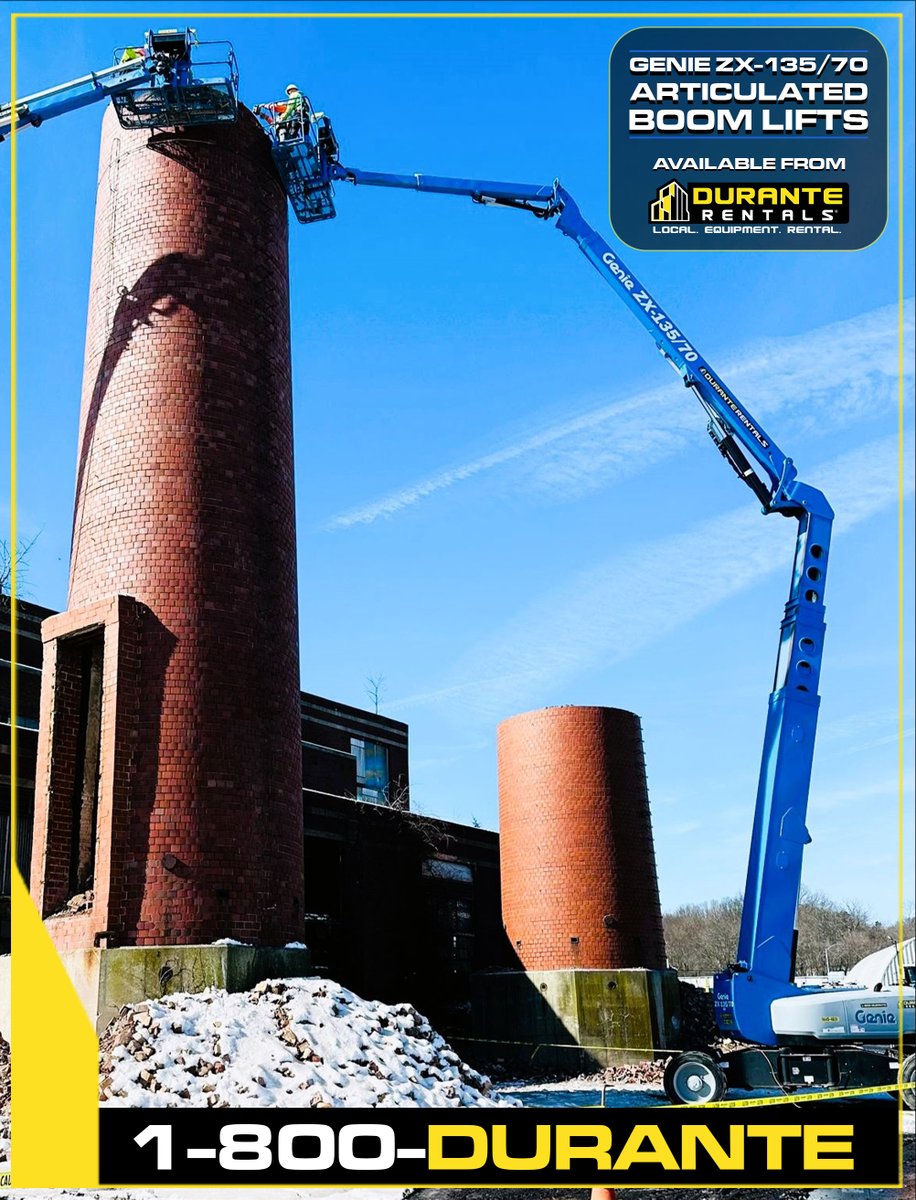 No chimney too tall, no task too tough! Durante Rentals 135’ articulated boom lifts are here to tackle even the highest stacks with ease. Call 1-800-DURANTE and rent today or learn more about our line of products at duranterentals.com #duranterentals #localequipmentrental