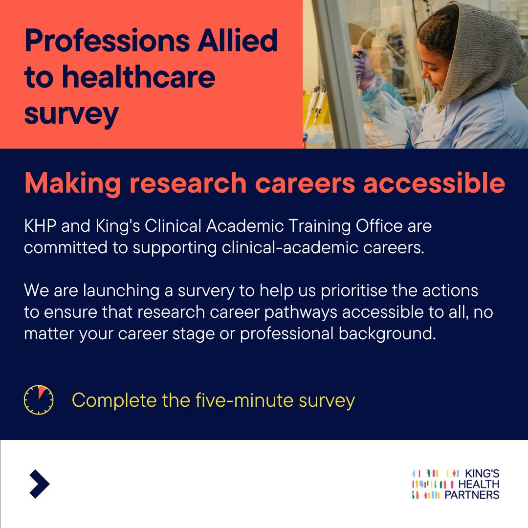 kingshealth's tweet photo. 🧵 The KHP Professions allied to healthcare survey will close at midnight tonight ⌛️ In just five-minutes you can complete this survey and help us to identify the key barriers and enablers to taking part in research and academic study⬇️ https://t.co/XGRVWPX3v1