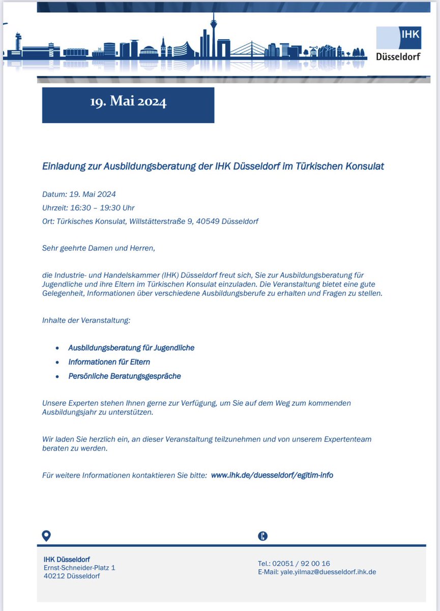 IHK Düsseldorf ile yürüttüğümüz proje kapsamında meslek eğitimiyle ilgili bilgi almak için sizleri Başkonsolosluğumuza bekliyoruz.
🗓️19 Mayıs 2024
⏰16.30
📍 Willstätterstraße 9, 40549 
@tcmeb @mebabdigm @TC_DusseldorfBK @ihkdus