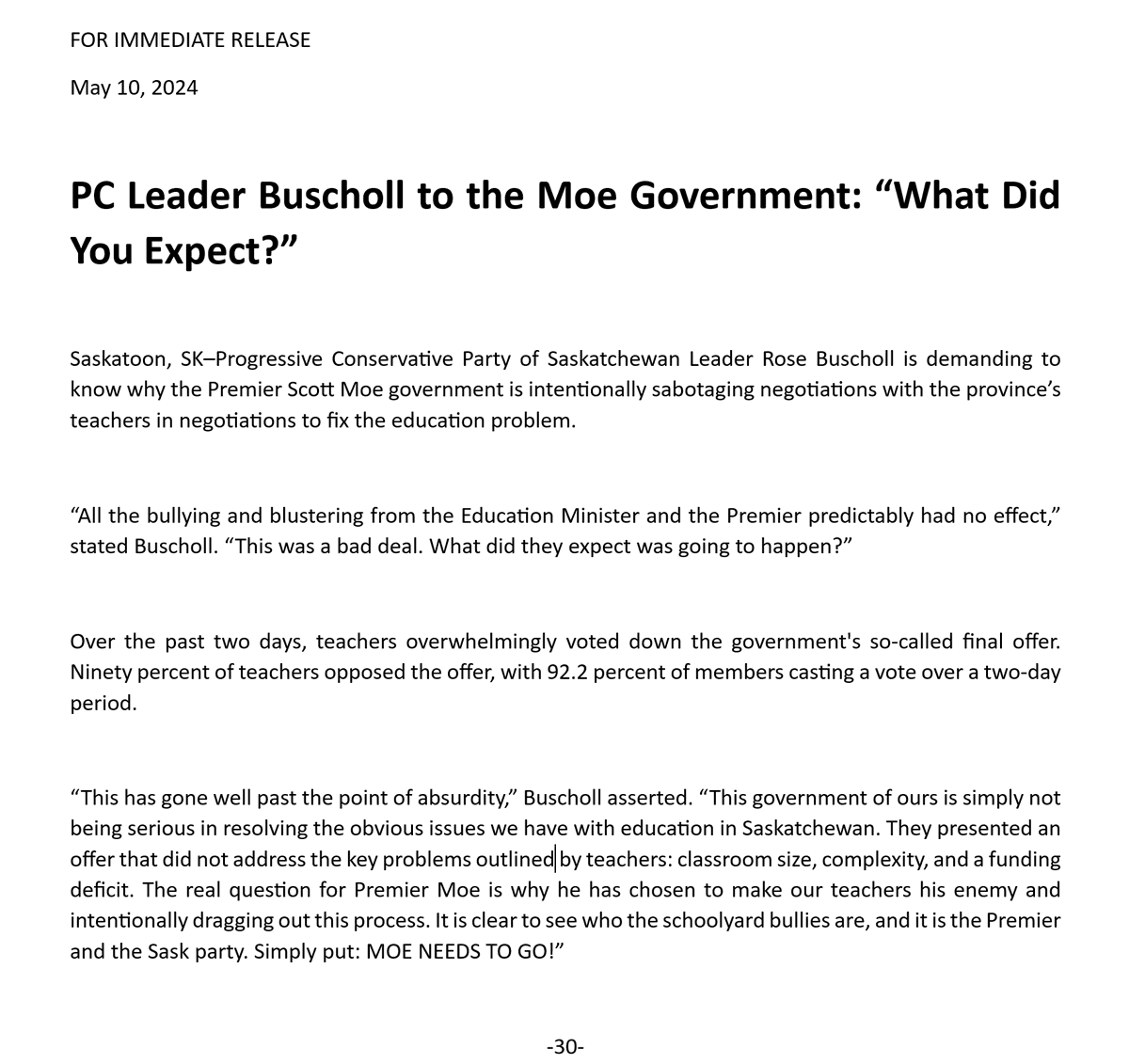 “All the bullying and blustering from the Education Minister and the Premier predictably had no effect. This was a bad deal. What did they expect was going to happen?”-PC Leader Rose Buscholl Read Rose's full statement below: #skpoli #Sask #EdSK