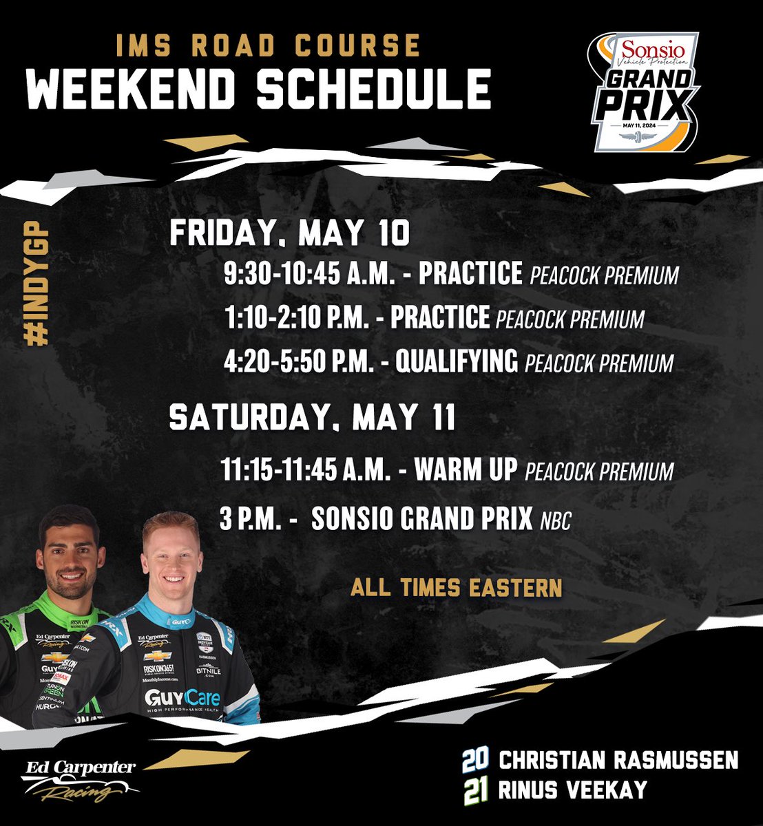 ECRIndy's tweet photo. [Weekend Schedule] - The calendar has read May for a while, but it feels like it officially begins this weekend with the #INDYGP! A busy couple of days coming up at @IMS &amp; we can’t wait to get the month started!

#INDYCAR #ThisMay https://t.co/b1UUgXlBNK