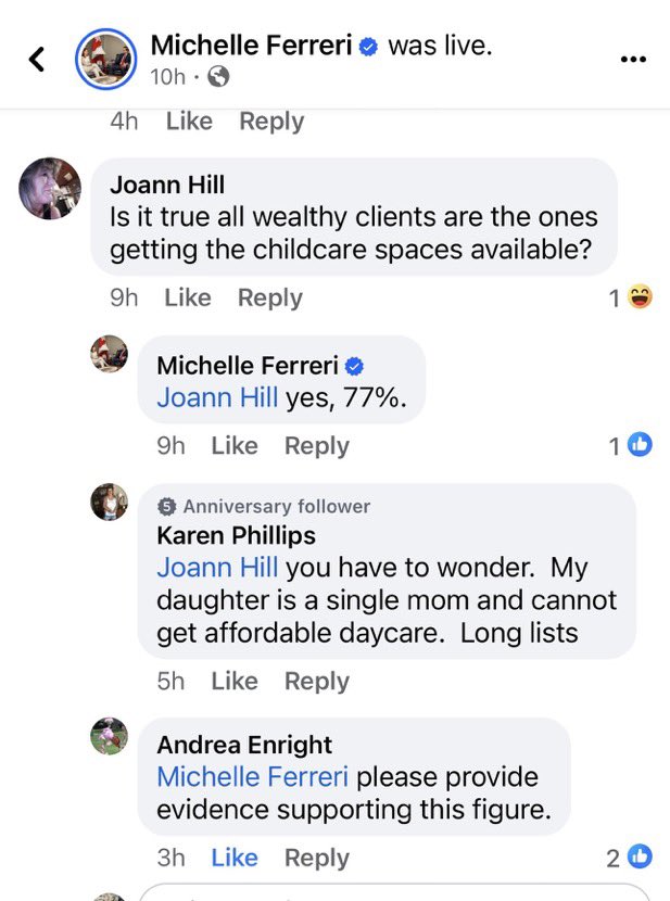 Hi @mferreriptbokaw 👋 Can you provide further information on the claim you made when asked if it was true that “all wealthy clients are the ones getting the childcare spaces available?” You replied on Facebook claiming “yes, 77%”. @JennaSudds #cdnpoli
