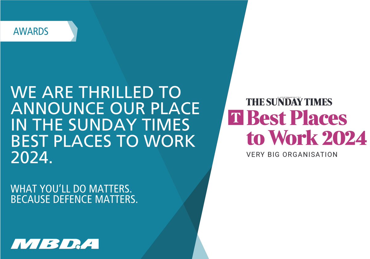 MBDA UK proudly named among The Sunday Times Best Places to Work 2024, Top Ten in 'Very Big' org category, showcasing our commitment to a rewarding, inclusive workplace. Second consecutive year on the list! mbdacareers.co.uk/our-stories/we…