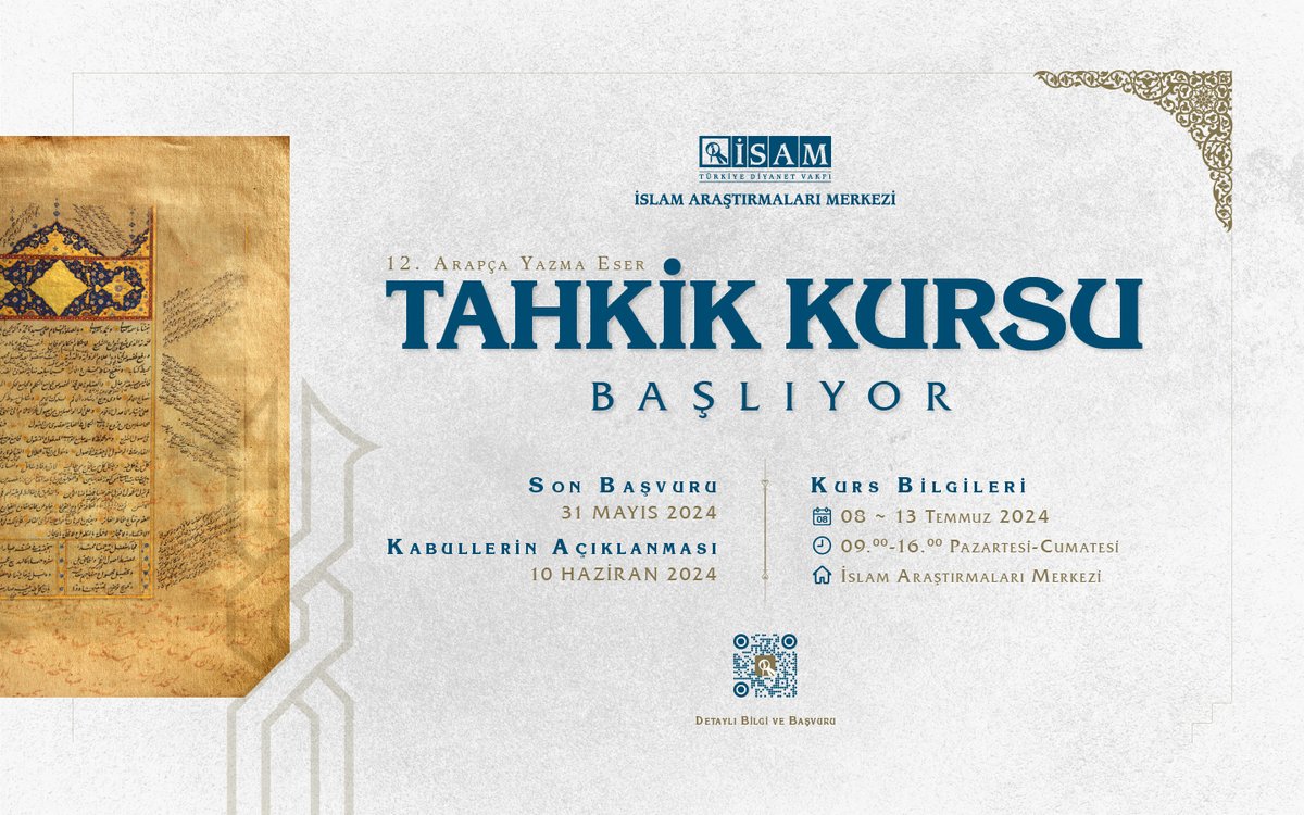 İSAM tahkik kurslarının on ikincisi bu sene 8-13 Temmuz tarihleri arasında yapılacaktır.

Kursa dair detaylı bilgi için:
isam.org.tr/haberler/isam-…