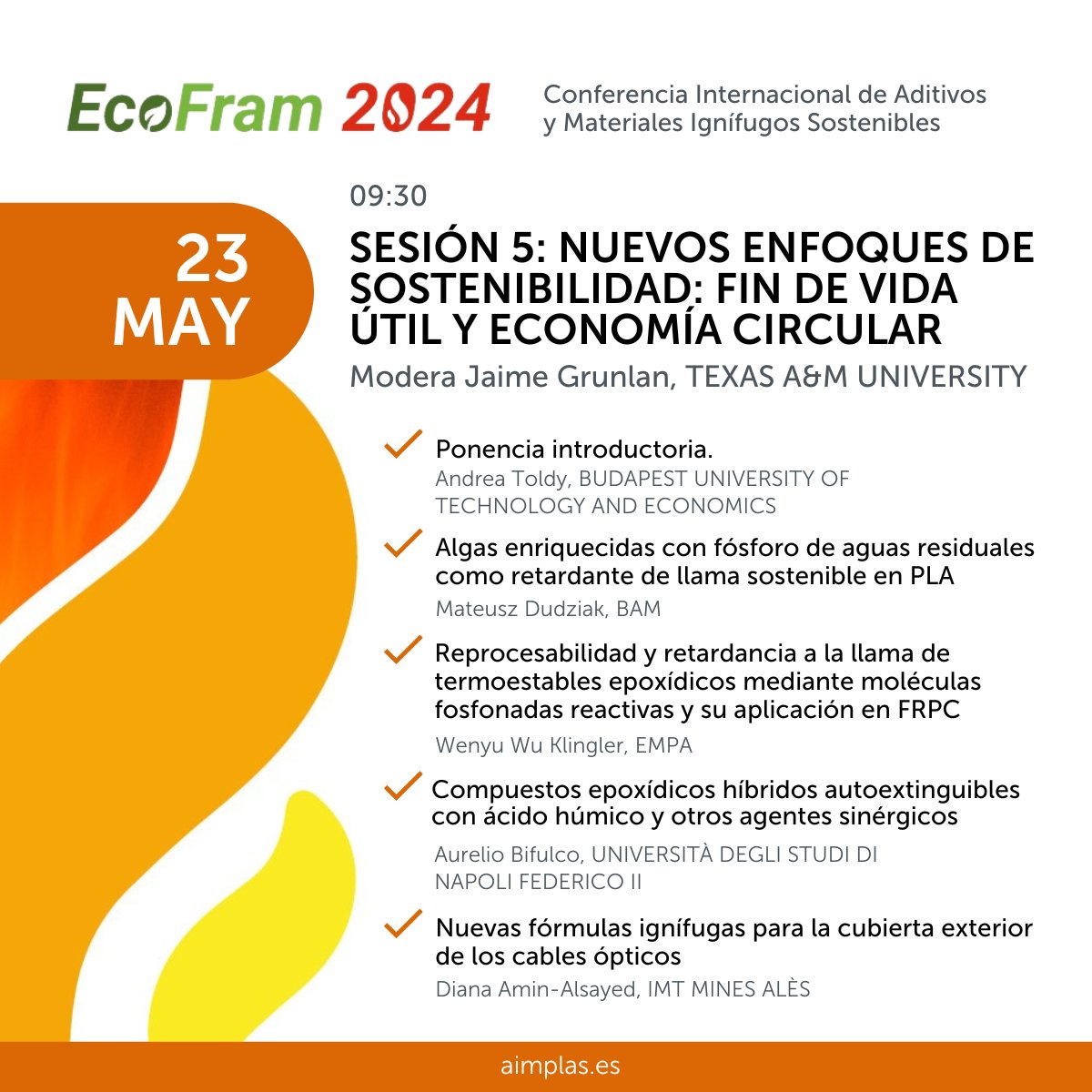 La quinta y última sesión de #EcoFRam será 'Nuevos enfoques de sostenibilidad: fin de vida útil y economía circular', y estará moderada por Jaime Grunlan, de la @TAMU. Conoce todo el programa e inscríbete desde aquí: bit.ly/4dxsBqu