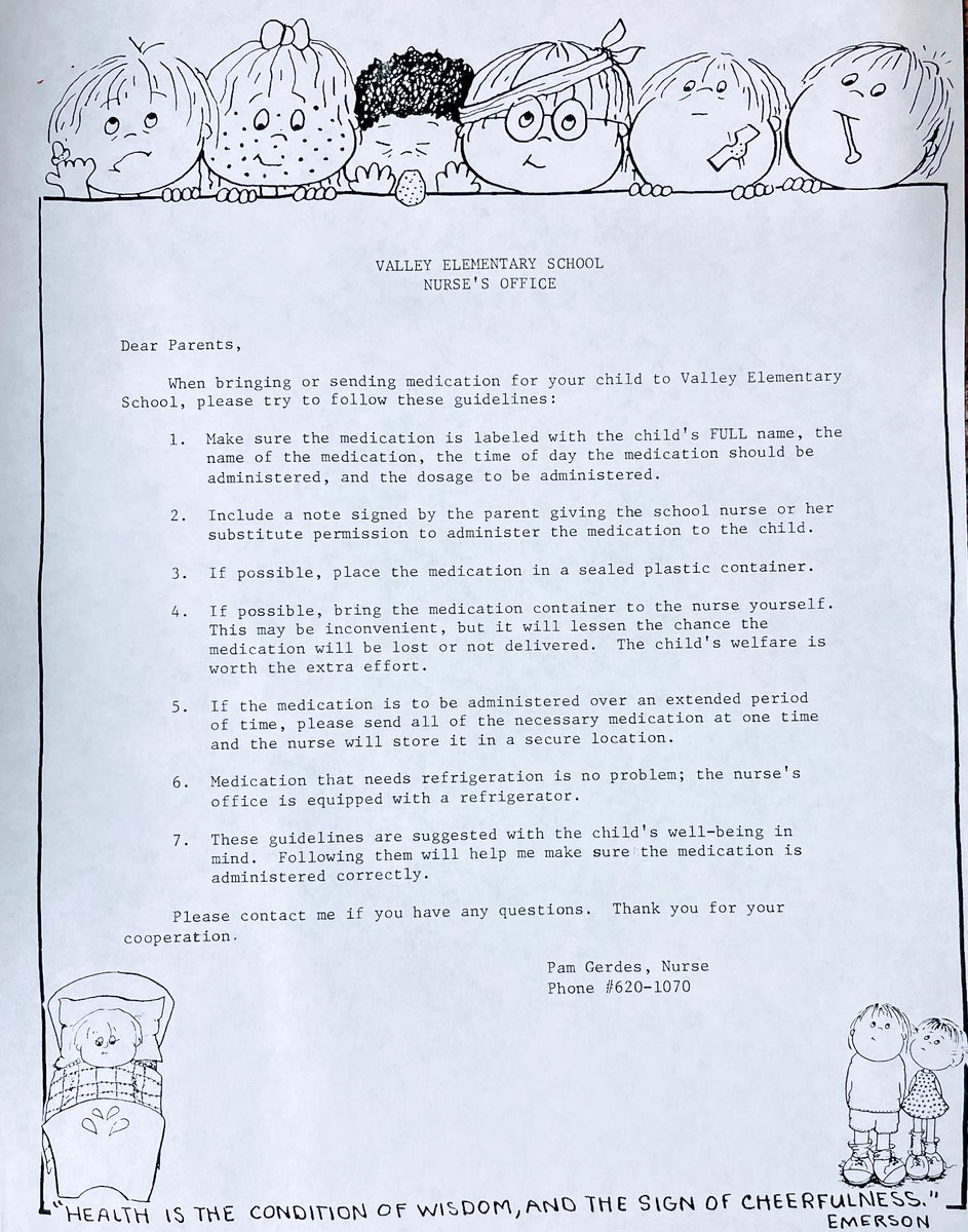 2024 May 8 was #NationalSchoolNurseDay tinyurl.com/yc6wpjmt Here's a ca. 1994 handout from the nurse's office at Valley Elementary School in #Pelham #Alabama