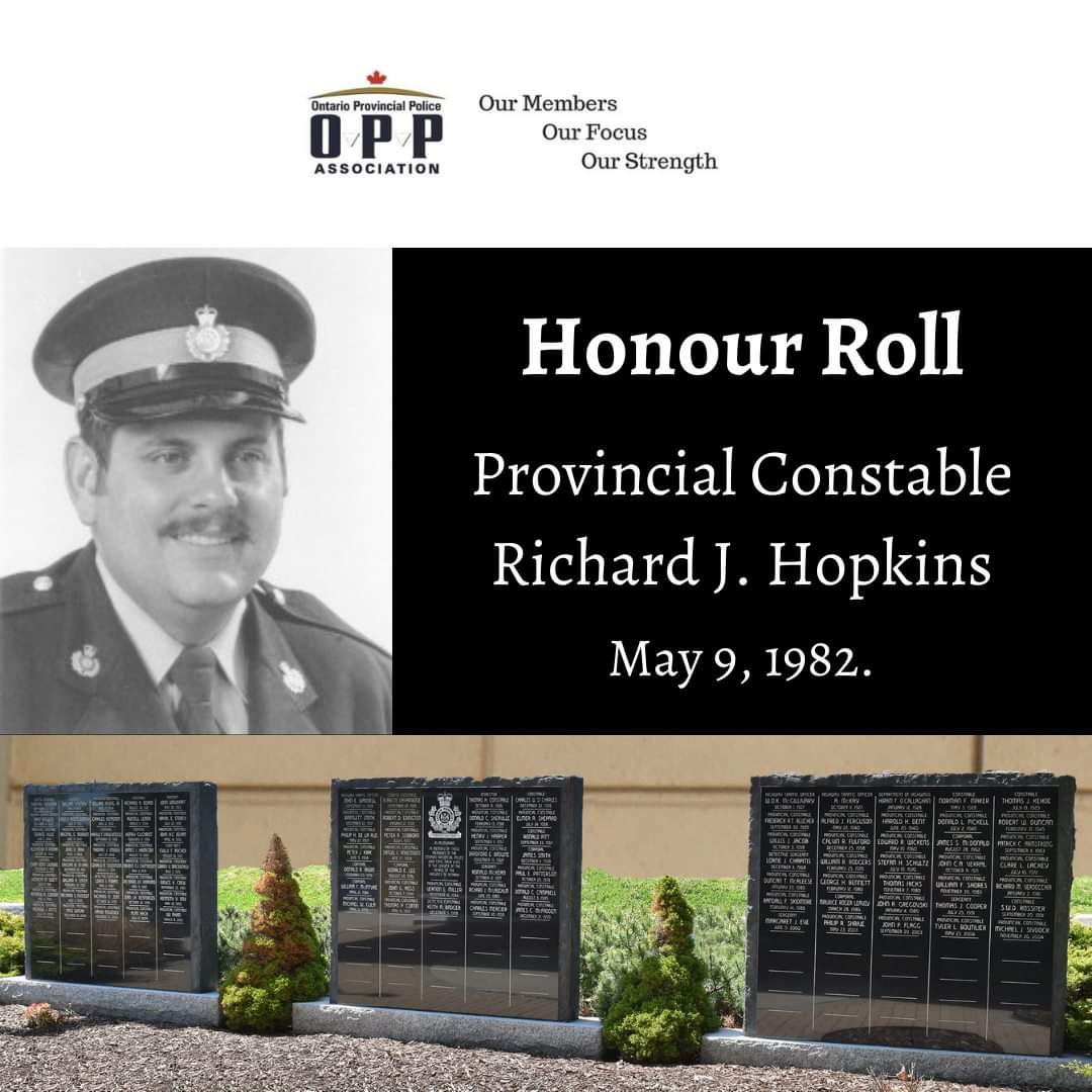 OPP Provincial Constable Richard J. Hopkins was known to colleagues as 'Hoppy'. He died in the line of duty in Mount Forest, Ontario on May 09, 1982 after being shot by a suspect. Constable Hopkins is remembered as a Hero In Life, Not Death. #HeroesInLife