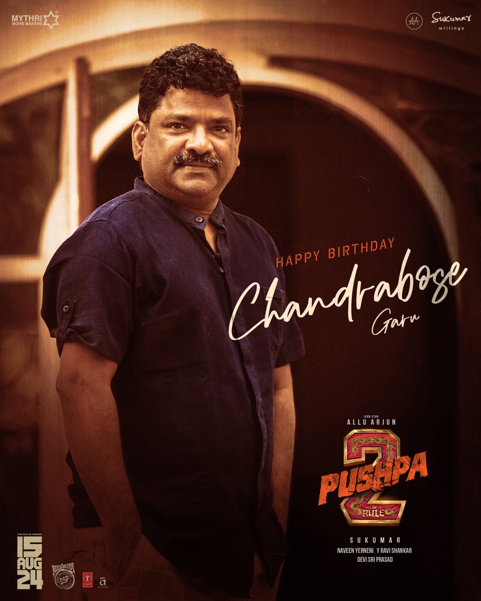 Wishing the Academy Award Winning Lyricist @boselyricist garu a very Happy Birthday ❤‍🔥

#Pushpa2TheRule Grand release worldwide on 15th AUG 2024.

Icon Star @alluarjun @iamRashmika @aryasukku #FahadhFaasil @ThisIsDSP @SukumarWritings @MythriOfficial @TSeries