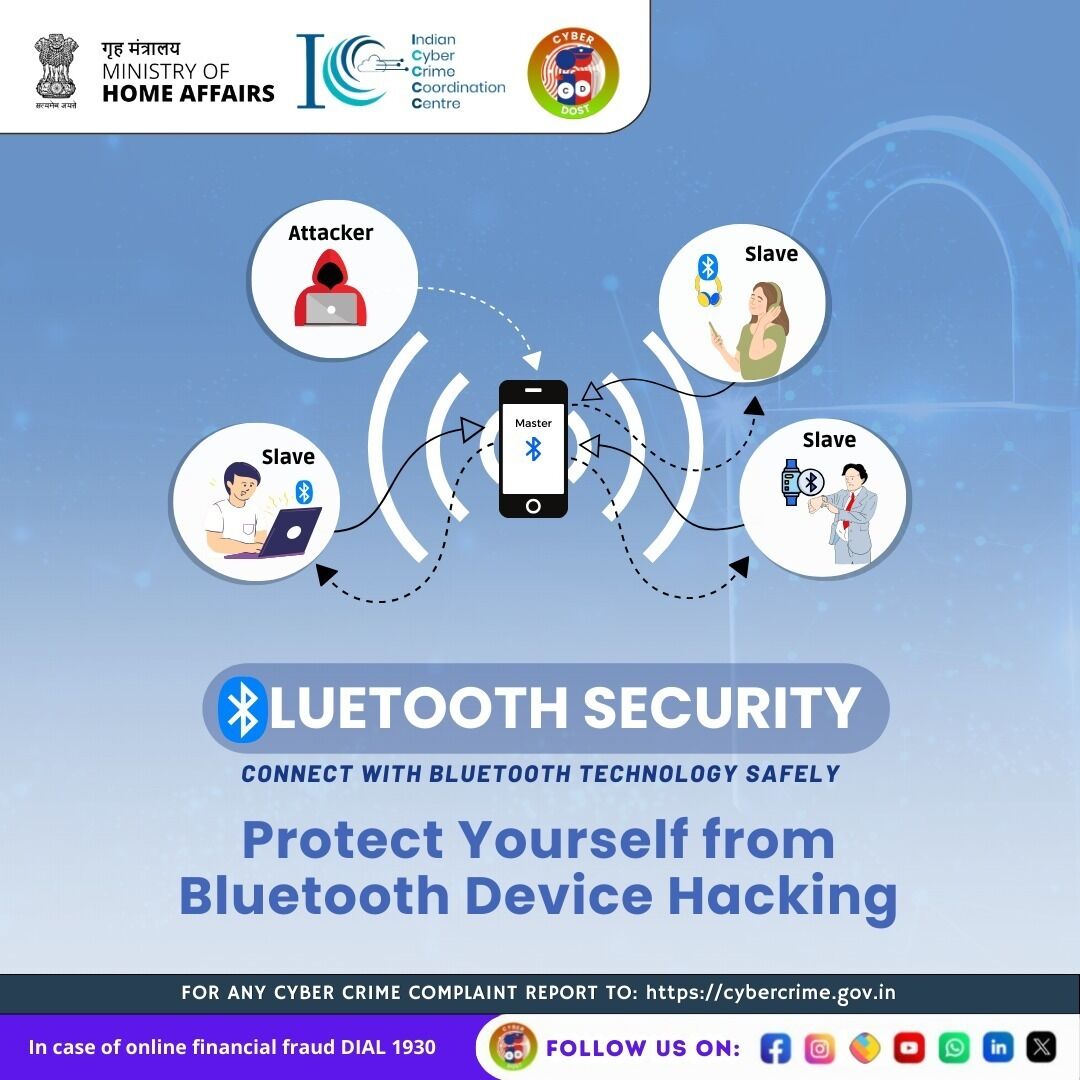 “Stay alert, stay secure! 🛡️ Your Bluetooth connection could be the next target. 🔐 #CyberSafe #TechTips #BluetoothSecurity #I4C #MHA #Cyberdost #Cybersecurity #CyberSafeIndia #CyberSafeTips #CyberSecurityAwareness #Stayalert #fraud