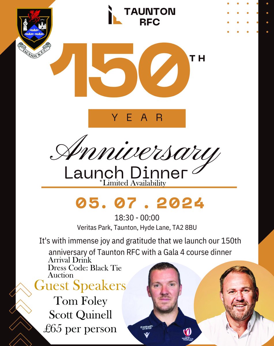 We are incredibly excited to announce the date for our Gala Launch Dinner with guest speakers. We hope that you will come and join us. There is limited availability so be sure to book today to avoid missing out. 📞 01823 336363 💻 functions@tauntonrfc.co.uk 🍽️ Tables 8-12