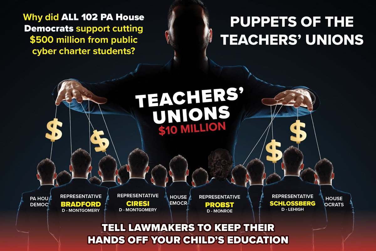 .@PaHouseDems are puppets of @PSEA by voting to eliminate public cyber charter schools for tens of thousands of students and families. Tell the @PASenateGOP to protect funding for cyber charter students. stand4cybers.com

#protectcyberstudents #schoolchoice