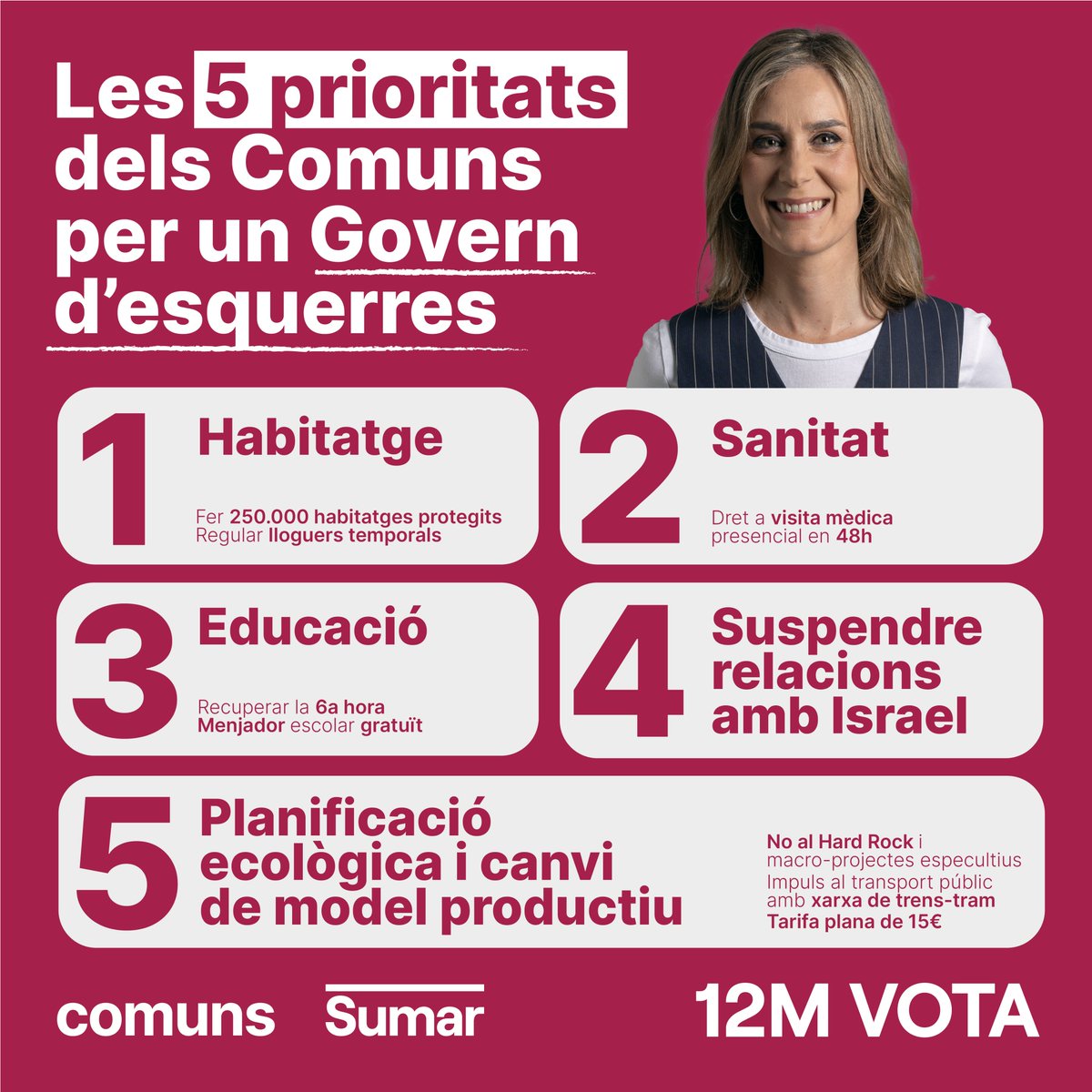 Si vols que Catalunya tingui un govern d'esquerres, el #12M vota Comuns✊ Aquestes són les 5️⃣ prioritats que posarem sobre la taula perquè siguin el punt de partida del proper Govern de Catalunya progressista👀👇