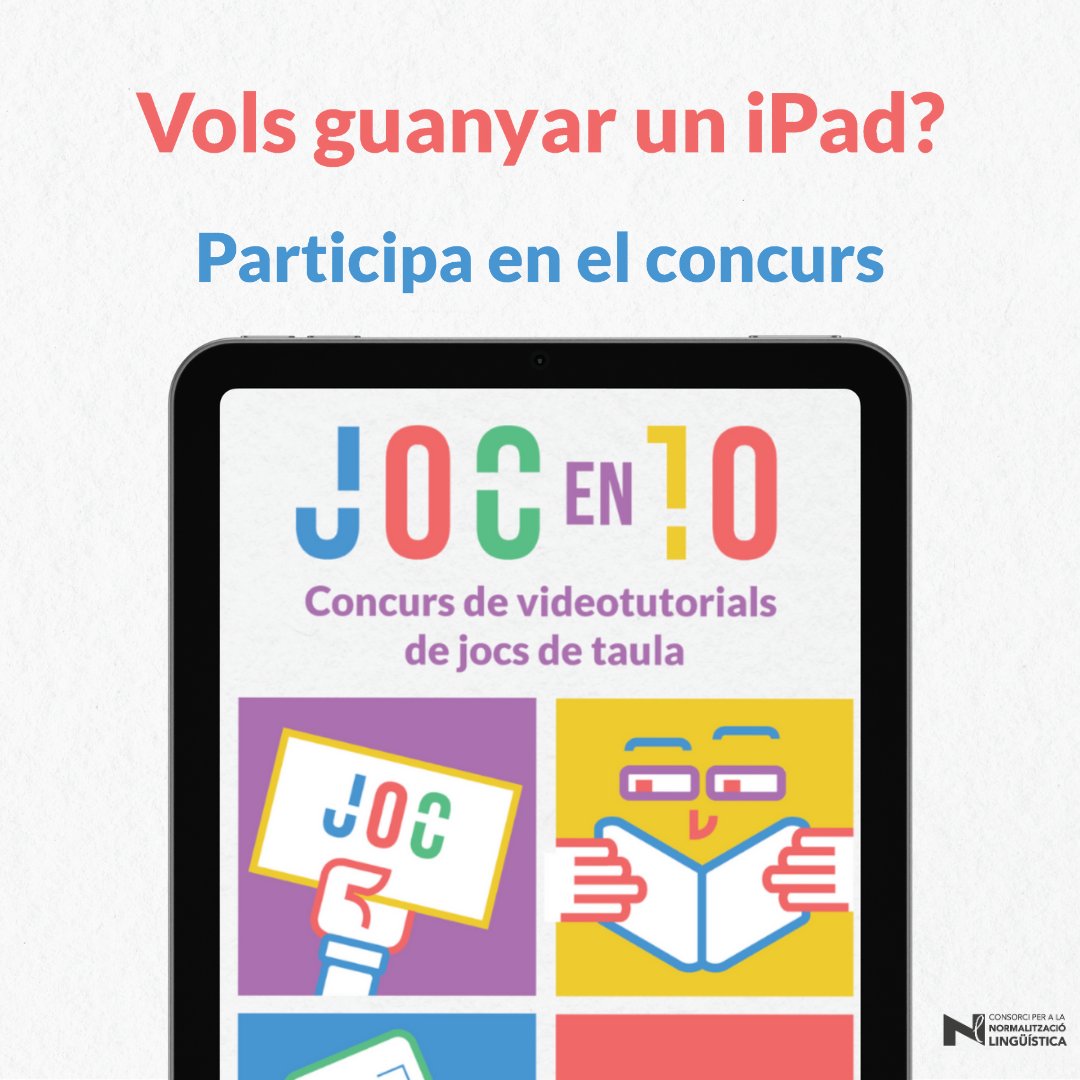 Vols guanyar un iPad? 😃 És un dels premis del JOCen10! 🎙 Concurs de videotutorials de jocs de taula 📅 Fins al 27 de maig ℹ️ Consulta'n les bases i els premis a: 👉 totjoc.cat 😉 T'hi atreveixes? #JocEn10 #Totjoc @cpnlcat @connecterrassa @CRACRubi