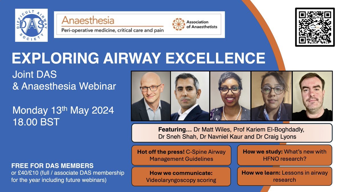 Don't forget to register for the Exploring Airway Excellence Webinar! With @STHJournalClub @elboghdadly Dr Sneh Shah, Dr Navniel Kaur (LMIC Editorial Fellow, Anaesthesia) & Dr Craig Lyons (Editor, @Anaes_Reports) @dasairway @dastrainees 13 May 1800 BST