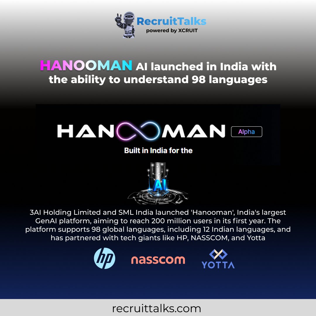 Hanooman AI: India's largest GenAI platform launches with support for 98 languages!
Read more on: bit.ly/44CUpWn
.
.
.
#Recruitorr #IamRecruitorr #TechnologyNews #ArtificialIntelligence