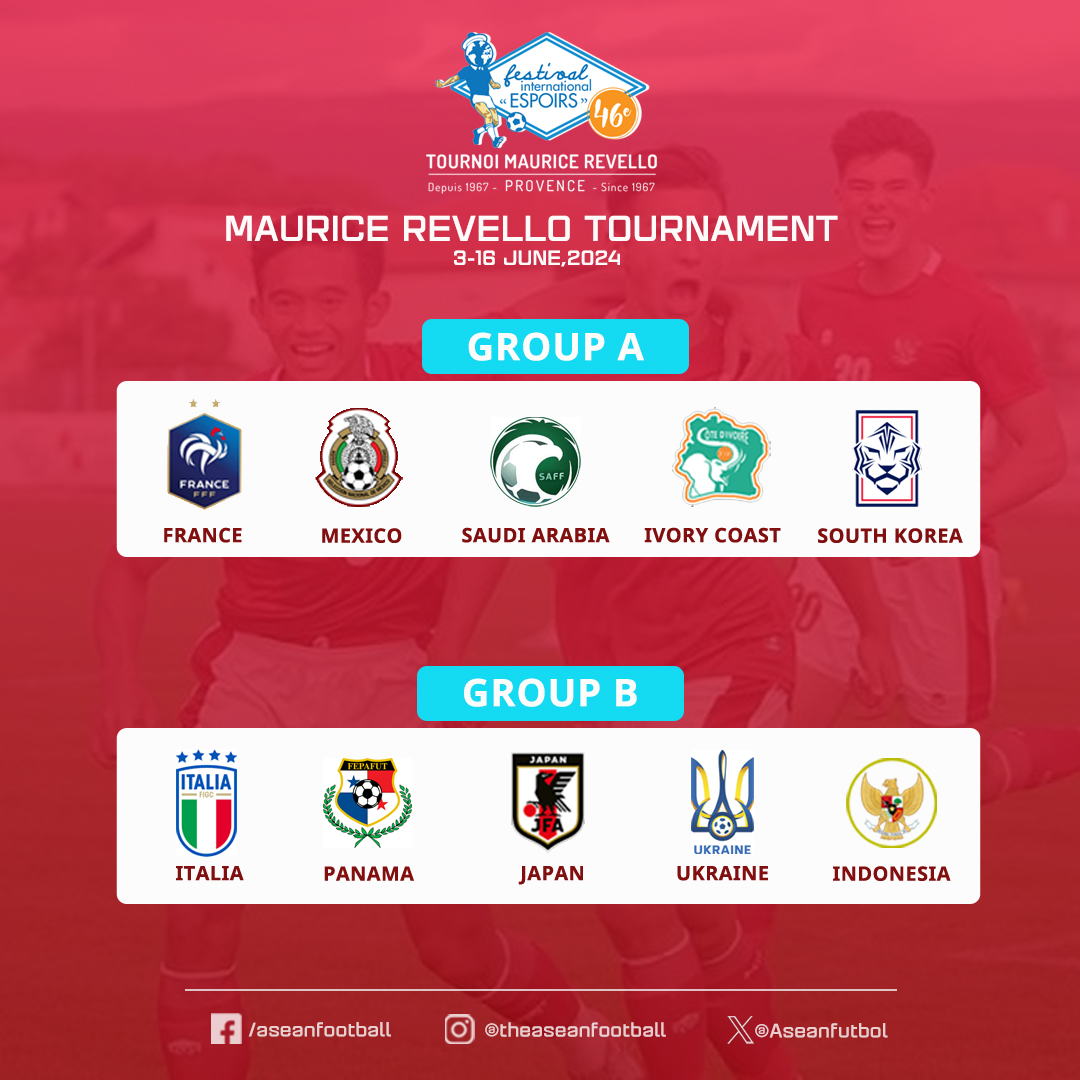 🇮🇩 U19 Indonesia replaces Egypt at the 2024 Tournoi Maurice Revello as the Toulon Tournament in France from 3-16 June. Indonesia is in Group B with young teams from Italy, Japan, Panama and Ukraine #PSSI #TMR2024