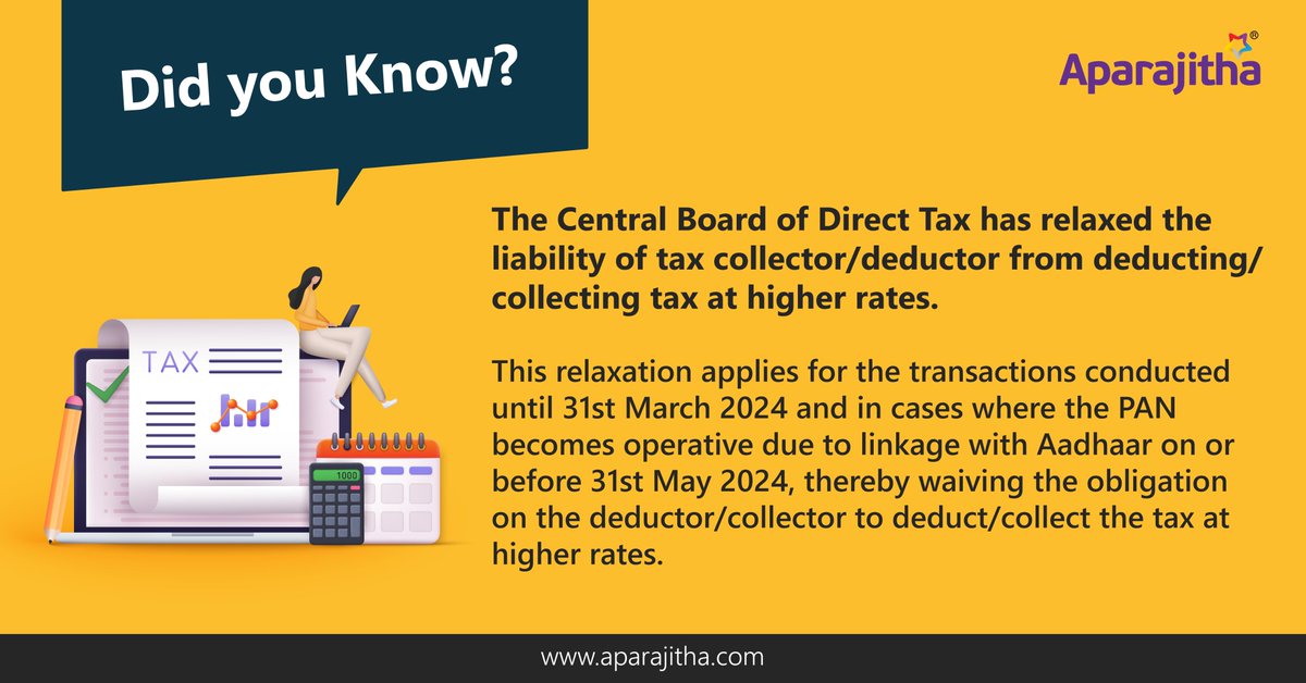 The central board of Direct Tax has relaxed the liability of tax collectors/deductors from deducting/collecting tax at higher rates. Visit aparajitha.com to stay updated on changing regulations.

#taxupdates #taxhelp #taxtips