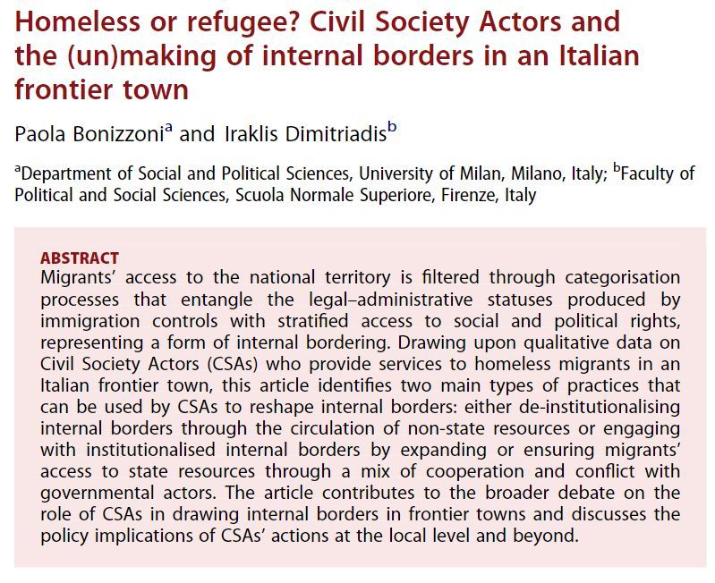 #ERSNew🐣 

Bonizzoni & @Iraklis_27's article contributes to the broader debate on the role of CSAs in drawing #InternalBorders in frontier towns and discusses the #policy implications of CSAs' actions at the local level and beyond. 

Part of the SI: Mapping the Internal Border