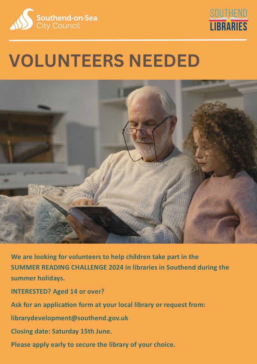 We are looking for volunteers of all ages (above 14 years) to help keep children reading over the summer holidays at #ForumSouthend, #Westcliff, #Shoeburyness, #KentElms & #Southchurch Libraries.
Application forms available in-library, or email: librarydevelopment@southend.gov.uk