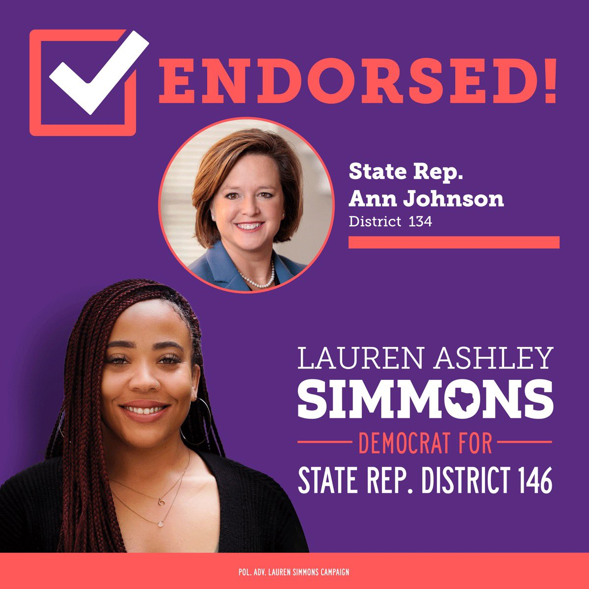 I am so proud of this endorsement. State Rep. Ann Johnson is the gold standard when it comes to Democrats who work across the aisle to improve lives WITHOUT compromising our core values. Thank you, Rep. Johnson! #HD146 #txlege