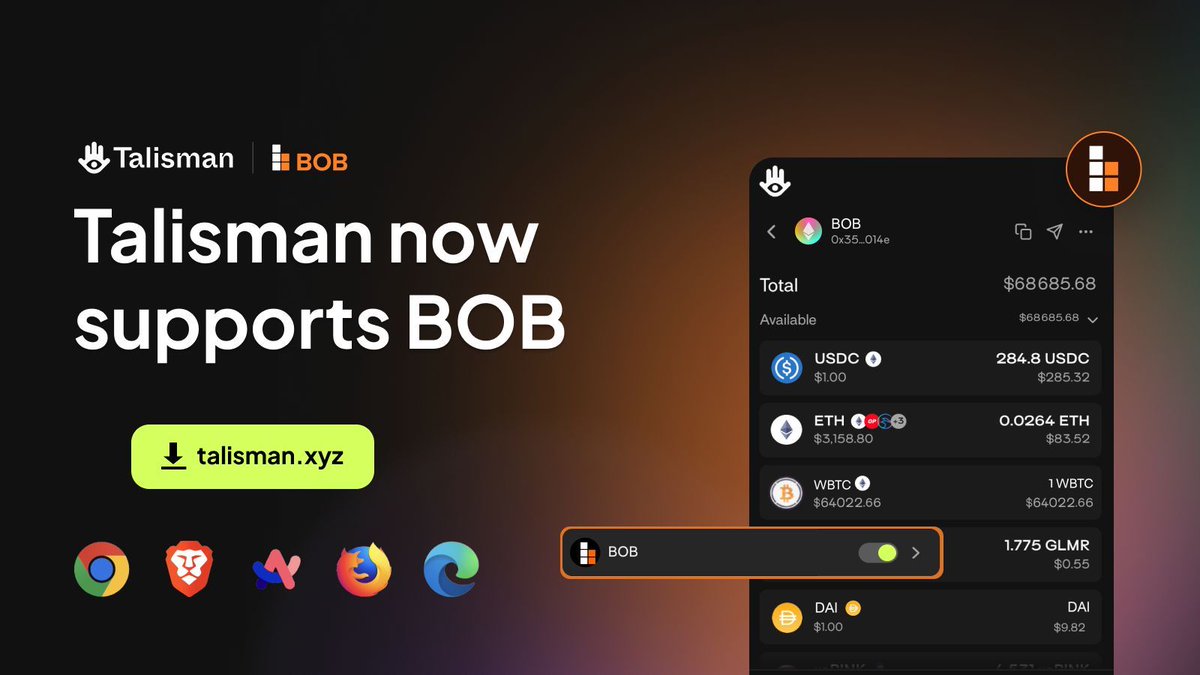 Talisman now supports @build_on_bob, a hybrid L2 combining the security of Bitcoin with the flexibility of Ethereum. With Talisman, onboarding to BOB is now super simple! Connect your Talisman EVM account, bridge assets to BOB, and begin harvesting Spice! 🌶️