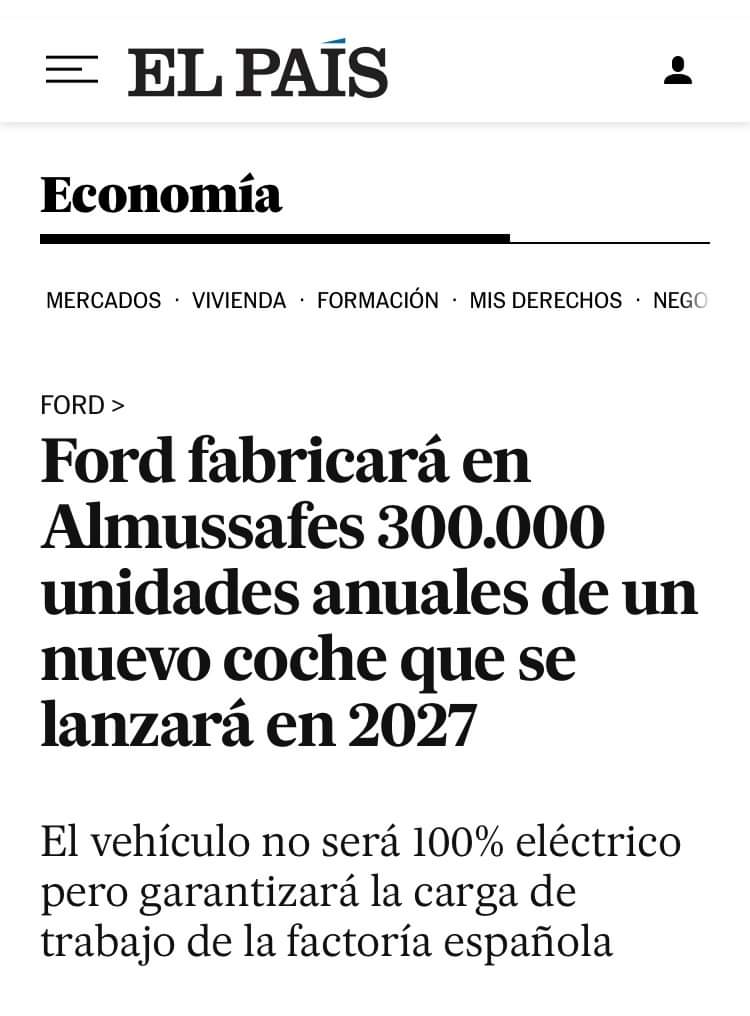 ‼️ NUESTRA PLANTA PRODUCIRÁ 300.000 UNIDADES AL AÑO DE ESTE NUEVO VEHÍCULO, QUE SERÁ MULTIENERGÍA

✅ Ford demuestra que apuesta fuerte por Almussafes y que, a pesar de que llegarán dificultades, el futuro para la planta de nuestro pueblo es prometedor.